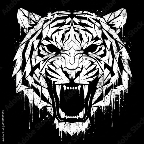 Geometric tiger head illustration with open mouth and white paint drip texture on black