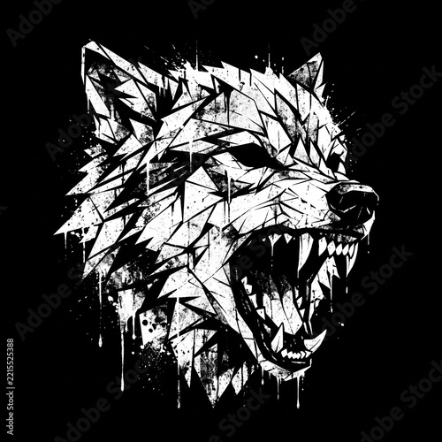Geometric snarling wolf head illustration with white ink splatter on a solid black background