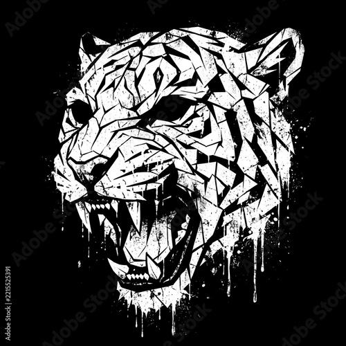Geometric tiger head illustration with open mouth and paint drip effects on black background