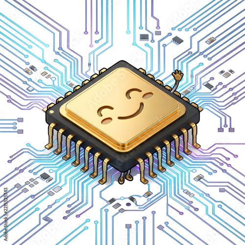 Happy Golden Microchip Processor Character Waving Hand on Circuit Board Background, 3D Render Illustration for Technology and Computing Concepts
