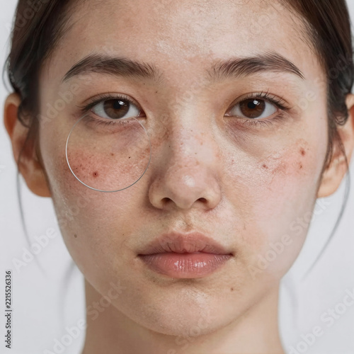Character Concept Skin Zoom. Circles Highlight Acne And Couperose On Young Woman'S Skin