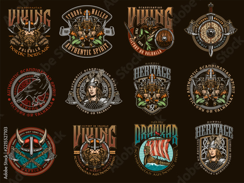 Viking-themed emblems with Norse warriors, ships