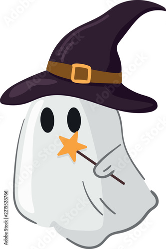 A ghost wearing a witch's hat and holding a magic wand.