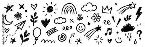 Black Hand Drawn Doodle Elements Set, Stars, Hearts, Rainbow and Sketch Symbols