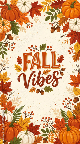 Fall vibes poster template is decorated with vibrant orange pumpkins, white squash, colorful autumn leaves, and berries framing central typography.