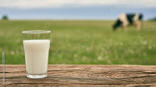 Glass of fresh white milk standing on a rustic wooden table with a blurred green meadow backdrop