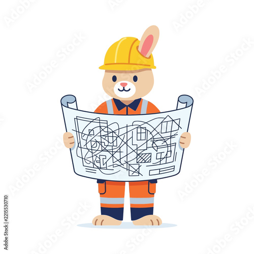Cute Cartoon Rabbit Construction Worker Holding Blueprint Illustration, Bunny Engineer in Yellow Hard Hat and Orange Safety Vest for Building and Planning Concepts