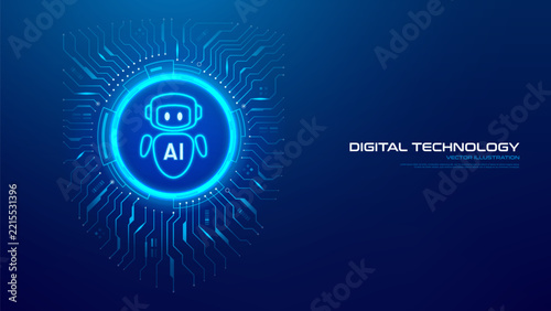 Digital protection concept using AI agent. Vector illustration with AI bot icon in digital shield made by circuit board traces. Artificial Intelligence innovation and safety, modern computing.