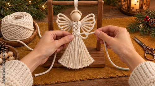 Manos anudando ángel navideño con cordón de algodón