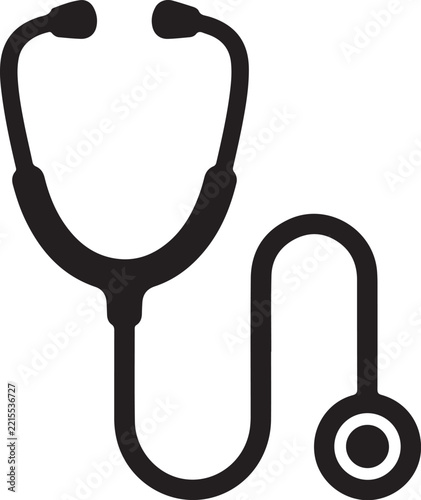 Simple black and white line art illustration of a medical stethoscope on a white background