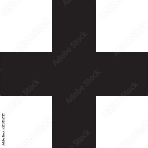 Simple black plus sign isolated on a clean white background for medical or design use