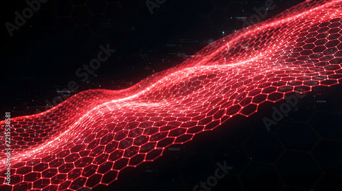 Abstract wavy red hexagonal honeycomb mesh glowing against a dark background, with peaks and valleys and scattered white particles for a high-tech data visualization feel.