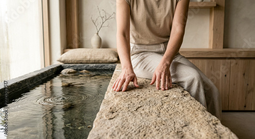 Woman sitting on rustic stone edge of indoor water basin in minimalist spa