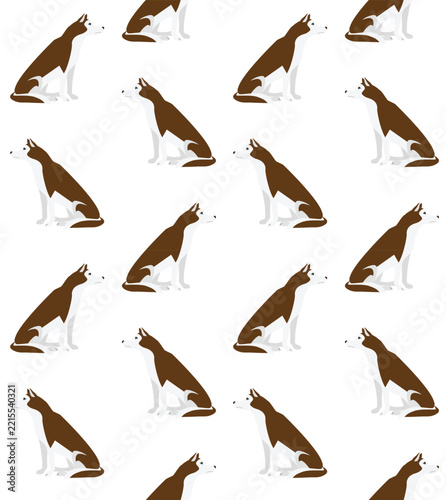 Vector seamless pattern of flat colored sitting husky dog isolated on white background