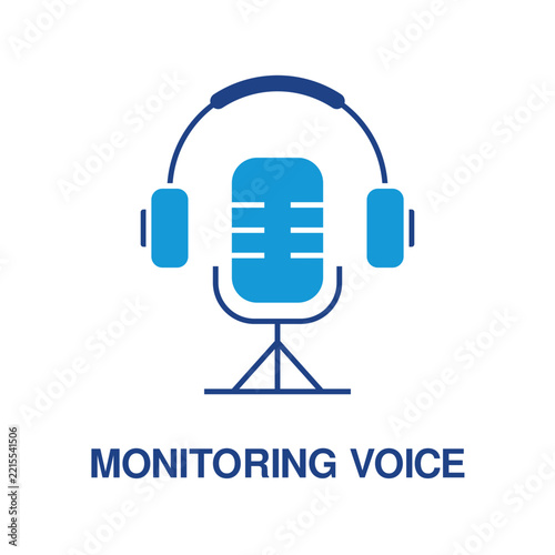 Voice Monitoring Podcast Icon with Microphone and Headphones, icon blue style