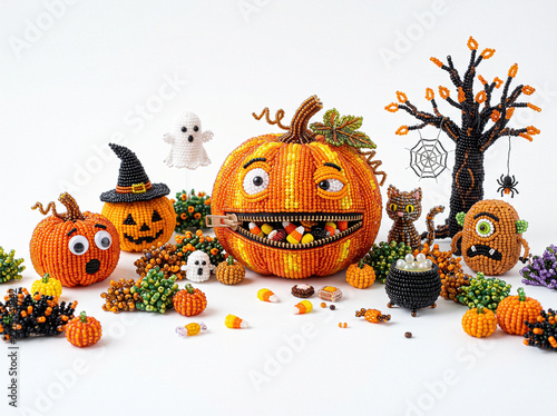 Beaded pumpkins with zipper mouth and candy corn