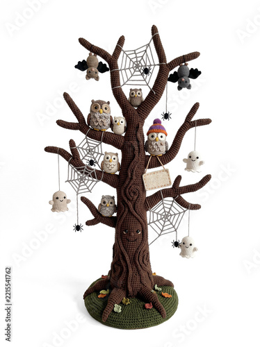 Crochet haunted tree with owls, bats, ghosts and spider webs