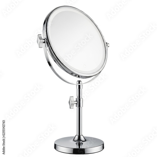 Round metal cosmetic vanity mirror on a stand