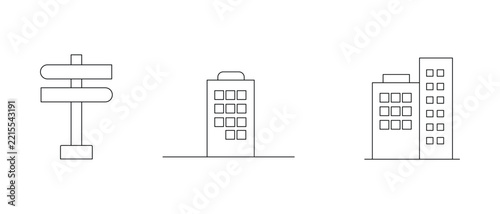 Simple line icons: signpost and buildings directional sign