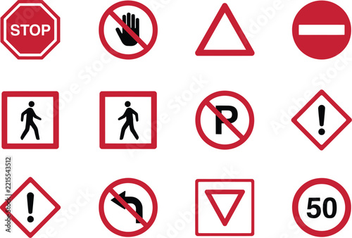 Signs vector icon set displaying various traffic road warnings