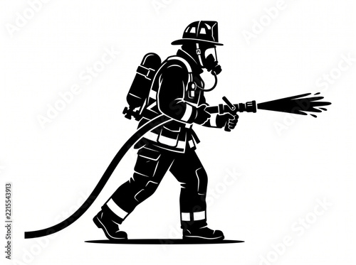 Black and white vector illustration of a firefighter holding a water h