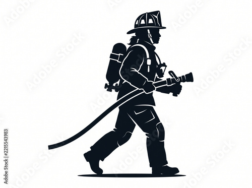 Black and white vector silhouette of a firefighter with a hose