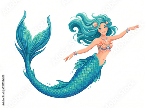 Cute cartoon mermaid with blue hair and tail illustration