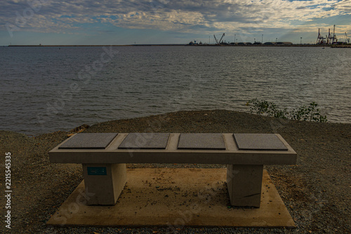 Waterfront bench overlooking Limassol harbor in Cyprus