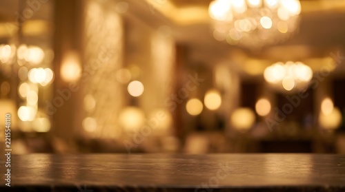 An elegantly lit interior featuring soft golden lights  out of focus chandeliers  and a polished wooden table edge suggesting upscale hospitality or celeb n settings