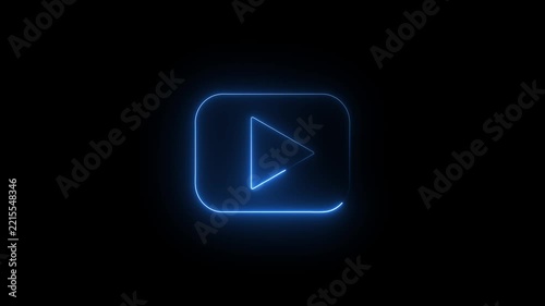 blue neon rectangular play button symbol on black background,