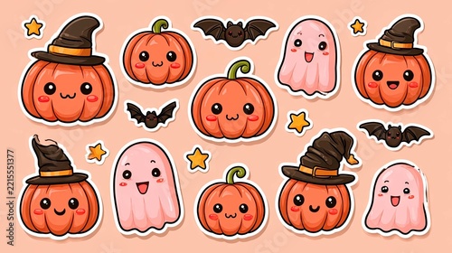 Cute and Playful Halloween Stickers Featuring Pumpkins, Ghosts, Bats, and Stars in Pastel Colors