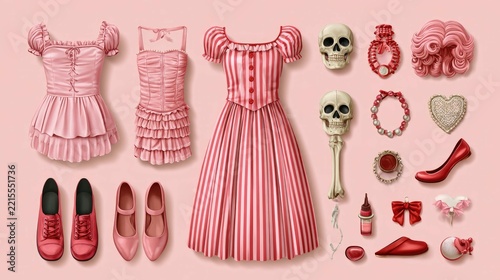 Vibrant Pink Fashion Collection Featuring Dresses, Accessories, and Decorative Elements in Playful Arrangements