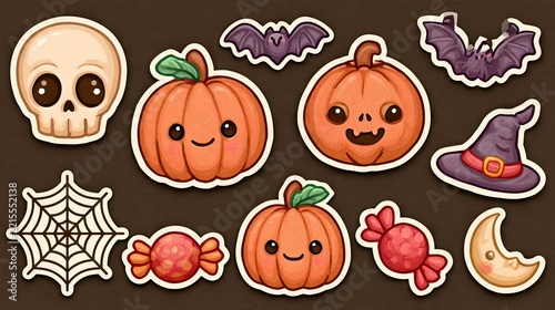 Cute Halloween Stickers Featuring Pumpkins, Bats, Skull, Hat, Candy, Spider Web, and Moon for Creative Projects