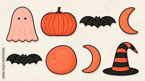 Cute Halloween Elements Including Ghost, Pumpkin, Bats, Moon, and Witch Hat in Bright Colors for Festive Designs