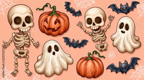 Playful Halloween Illustrations Featuring Skeletons, Pumpkins, Ghosts, and Bats on a Soft Orange Background