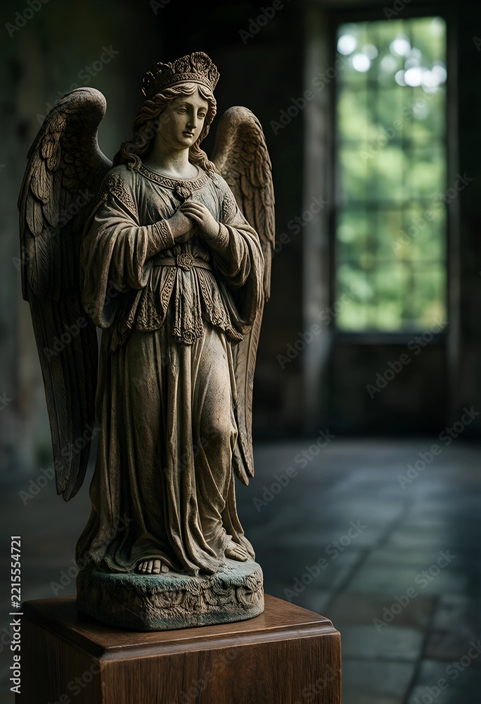 Fototapeta premium Spirituality and faith concept, stone angel statue with wings and crown standing on a wooden pedestal in a quiet church interior with soft window light