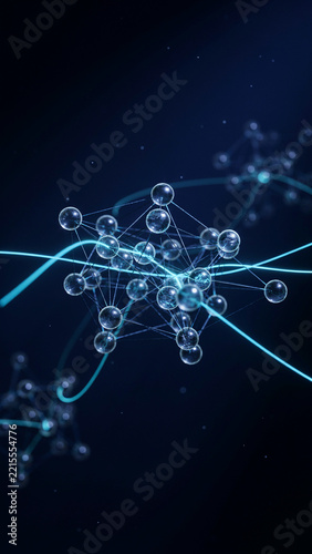 Abstract molecular structure with glowing blue nodes and connecting strands molecule structure connection chemistry abstract particle research technology background microscopic connected