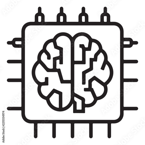 Simple Black Outline Icon of Brain inside Computer Chip