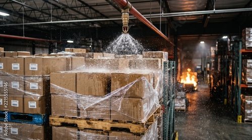 Industrial fire sprinkler activating over stacked cardboard boxes in warehouse with copy space