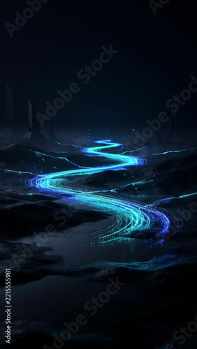 Glowing neon blue river flowing through a dark abstract digital landscape with landscape abstract technology background futuristic creative synthwave electronic environment mysterious