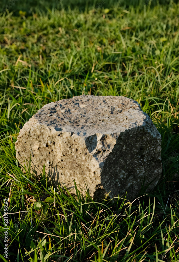 Naklejka premium Nature and stability concept, granite stone block resting on green grass in a garden, natural landscape background with sunlight and outdoor texture
