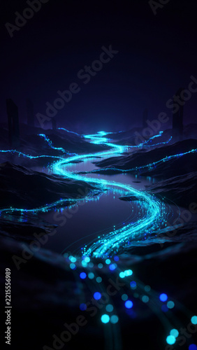 Glowing blue bioluminescent stream flowing through a dark abstract landscape with bioluminescence abstract landscape environment mysterious particles ethereal conceptual visualization