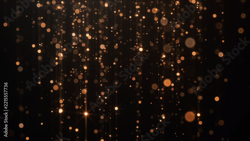Floating golden light particles and bokeh sparks on black background with particles floating background abstract atmosphere defocused celebration backdrop composition illumination brilliance