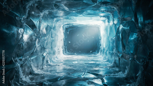 Futuristic blue glowing energy portal inside a dark geometric tunnel with sci fi futuristic abstract geometric dimension technology interior structure mysterious perspective background