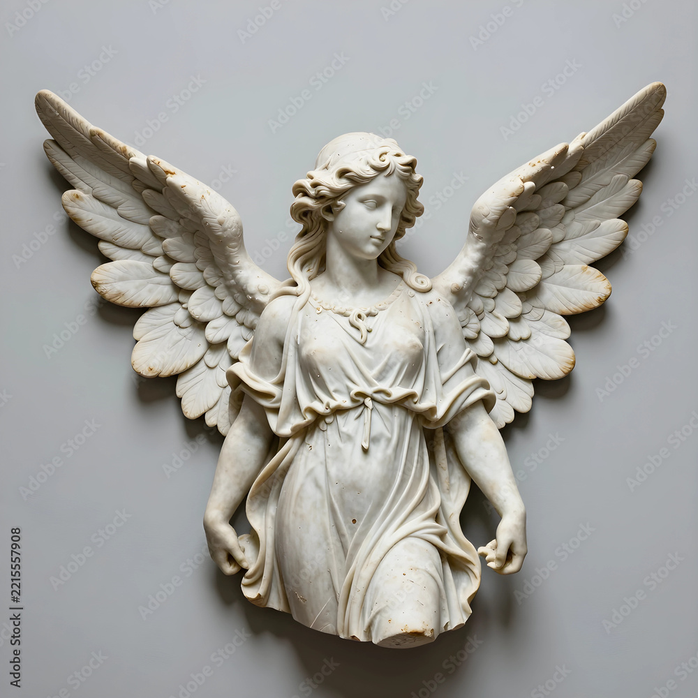 Fototapeta premium Spirituality and divine grace marble angel sculpture with wings spread religious art and faith concept classical stone carving on a neutral background