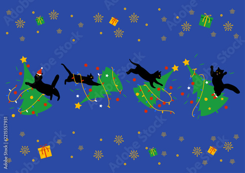 Cats and Christmas trees blue background. Black kittens jump and destroy Christmas trees. Funny Christmas pet wallpaper. Vector illustration