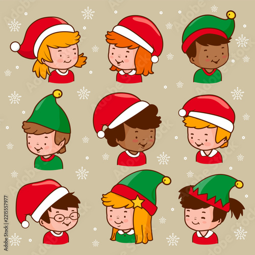 Christmas collection with happy little children avatar portraits and elves with Santa Claus hats. Girls and boys Santa helpers. Kids celebrating season holidays. Group of kids in Christmas costumes. 