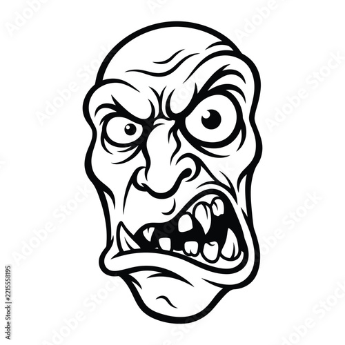 Vector illustration of a fierce and angry cartoon face with bared teeth and aggressive expression in black and white