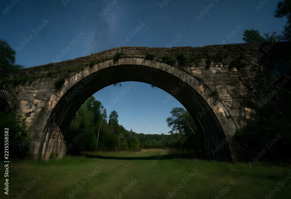 Naklejka premium Heritage and history concept, ancient stone bridge arch at night with starry sky and milky way over rural landscape and green meadow in summer