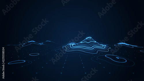 Digital blue glowing topographical map interface on dark background with topography interface technology elevation abstract geography navigation visualization connection analysis monitoring